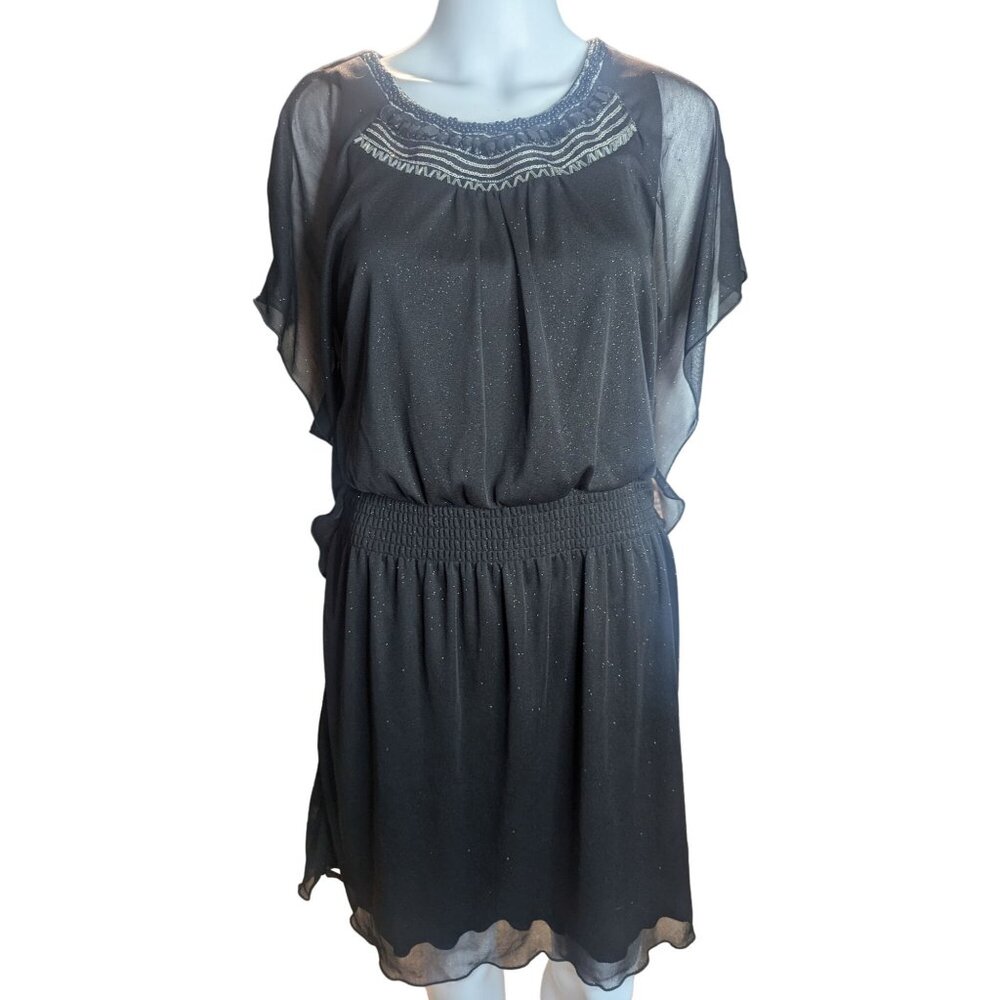 BCX Black Sparkle Beaded Neckline Dress With Flutter Sleeves SZ L Cocktail/Party